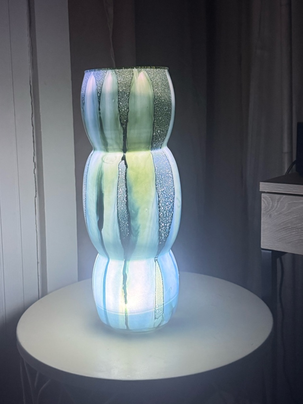 Mid-Century Modern Triple Bulbous Art Glass Vase – Blue & Turquoise‎ Drip Art